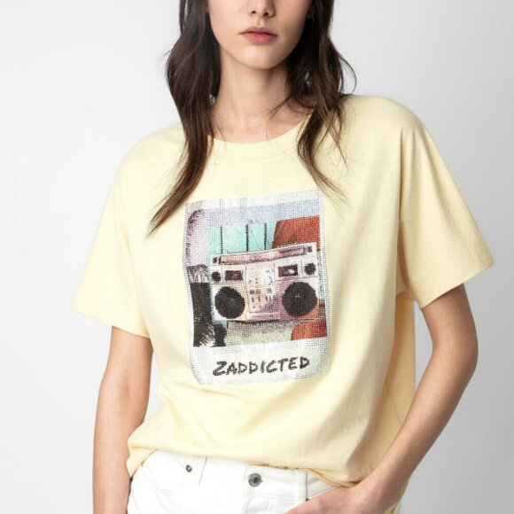 Zadig Voltaire Tommer Beaded Zaddicted Top Womens Yellow Cotton T-shirt Strass - Picture 1 of 7